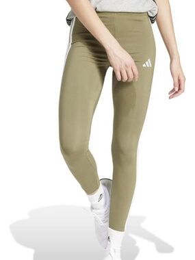 adidas Women's Olive Green High-Waist Leggings with White Side Stripes